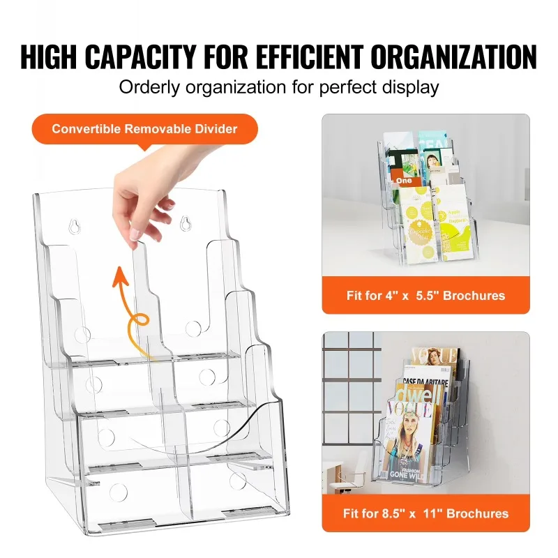 Clear Acrylic Pamphlet Holder, 8.5 x 11 inch, 4-Level Transparent Acrylic Document Display Rack, Plastic Document Organizer Stand with Detachable Partition