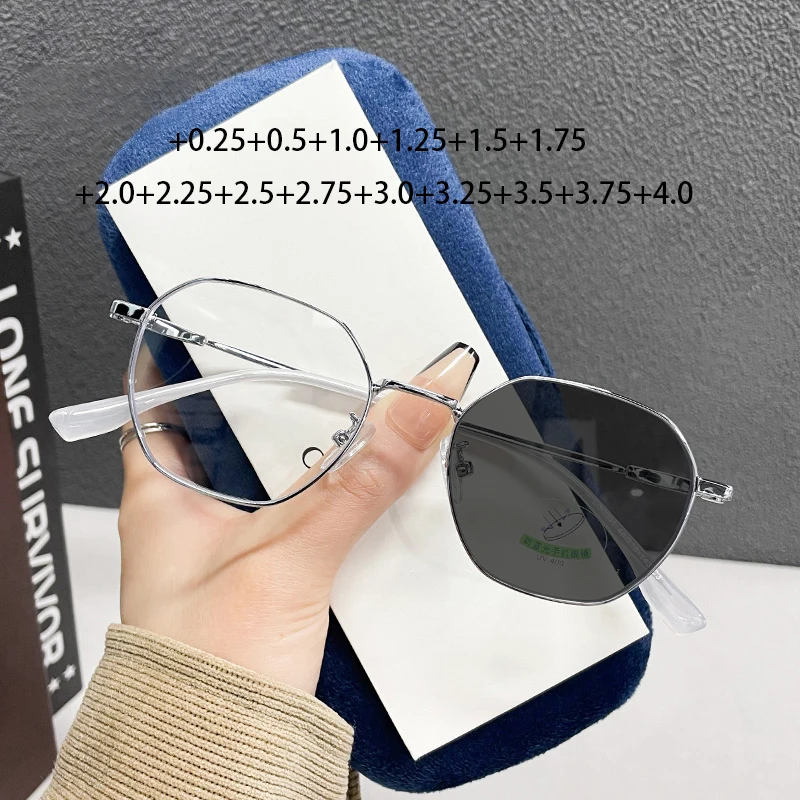 

New Polygon Photochromic Reading Glasses Women Alloy Frames Resin Reader Sunglasses With Diopter+0.5 +0.75 +1.75 +2.75 +3.5 +4.0