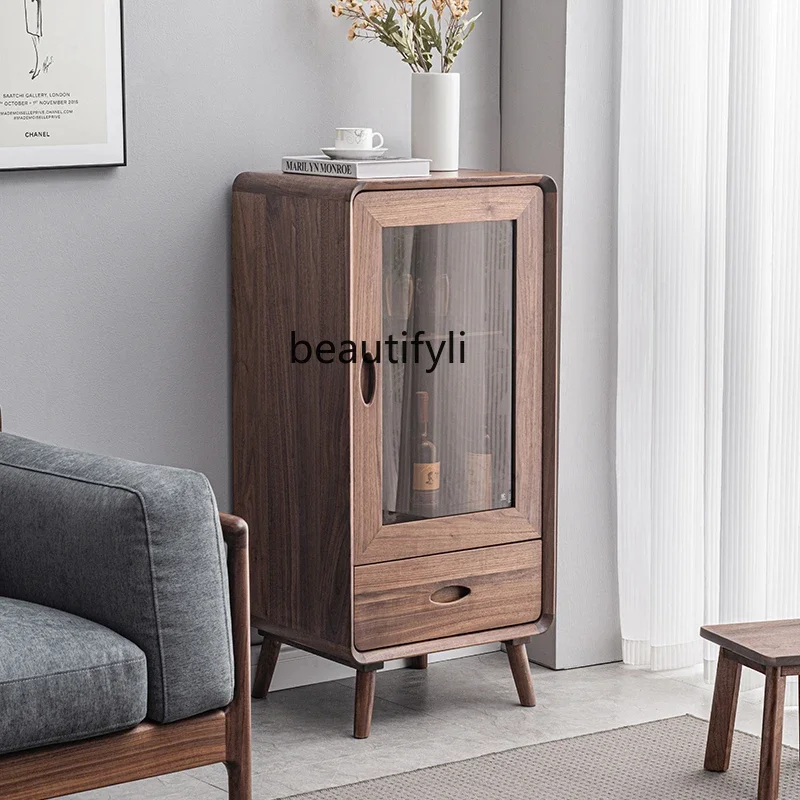 

North America Black Walnut Floor Single Door Glass Cabinet Household Kitchen Cabinet Living Room Solid Wood Tea Cabinet