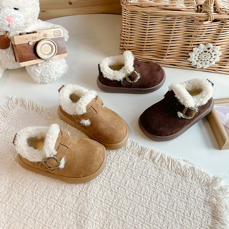 Fur Collar Snow Boots for Little Girls 2026 New Winter Toddler Plush Lining Leather Boots Non-slip Simple Retro School Footwear