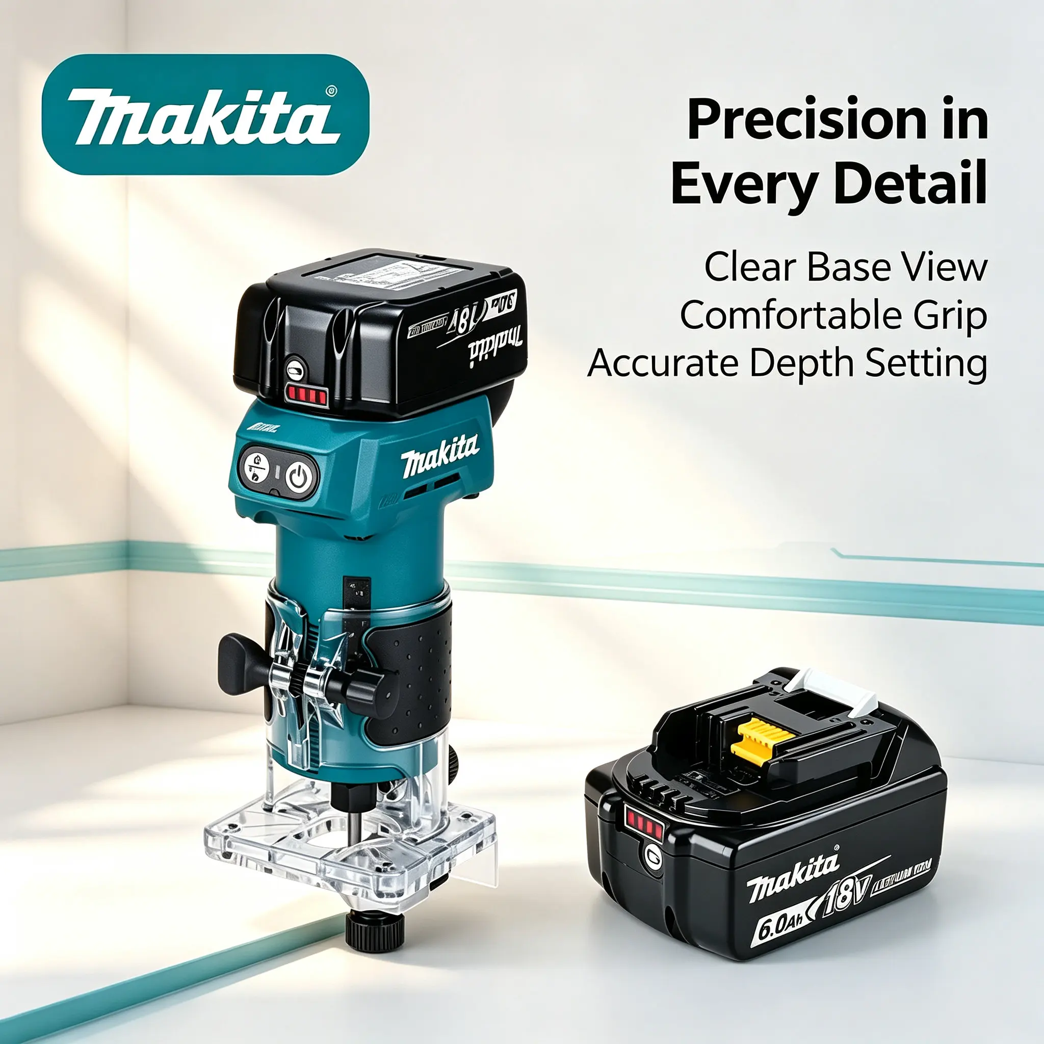 Neuer robuster Makita DRT52 18V LXT Akku-Kompaktfräser, leichtes, tragbares Fräsequipment für präzises Kantenschleifen, Nutenfräsen und Schlitzfräsen für professionelle Holzarbeiter und Heimwerker.