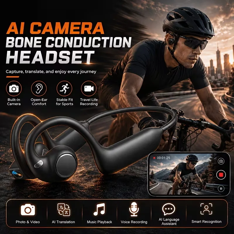 Open‑Ear 800W Pixel Camera AI Wireless Bluetooth Headphones EIS Anti Shake 1080P Video 8GB Storage Translation Call Sport Earph