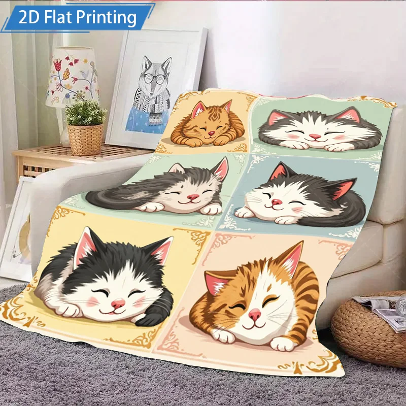 1pc Flannel Blanket Cute Sleeping Cats Print Blanket Soft Cozy Throw for Couch Bed Home Decor 2D Flat Printing