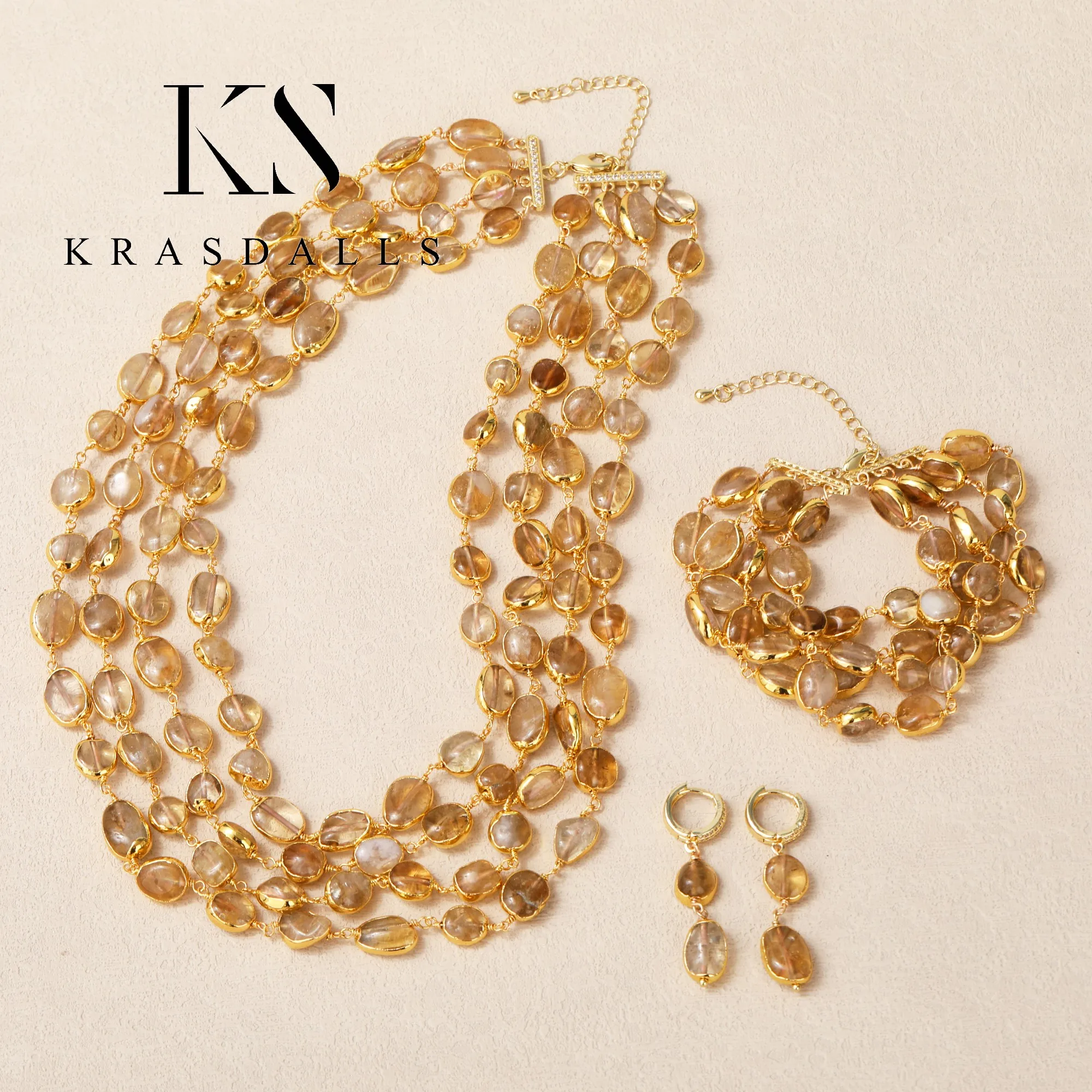 Classic Style Multi-Layer Citrine Chain Necklace Luxury Bracelet and Earrings Set Fashionable Design for Parties