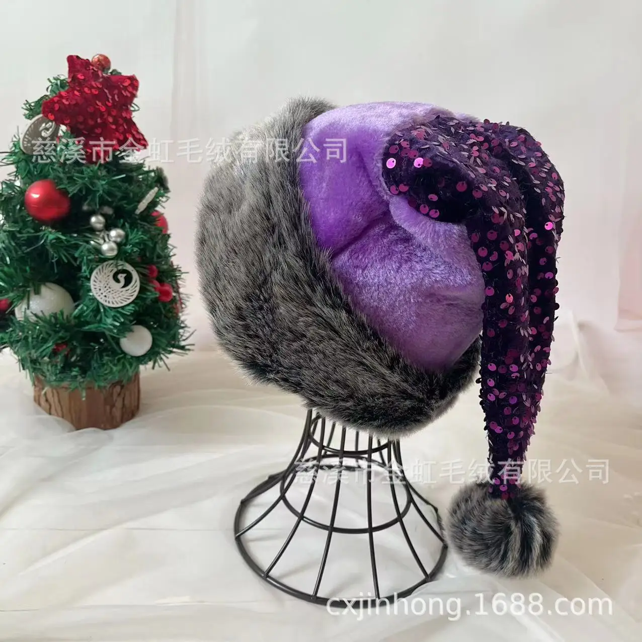 

Purple Sequin Contrasting Short Plush Splicing Christmas Hat Halloween Holiday COS Decoration Pullover Hat Decorative Hat