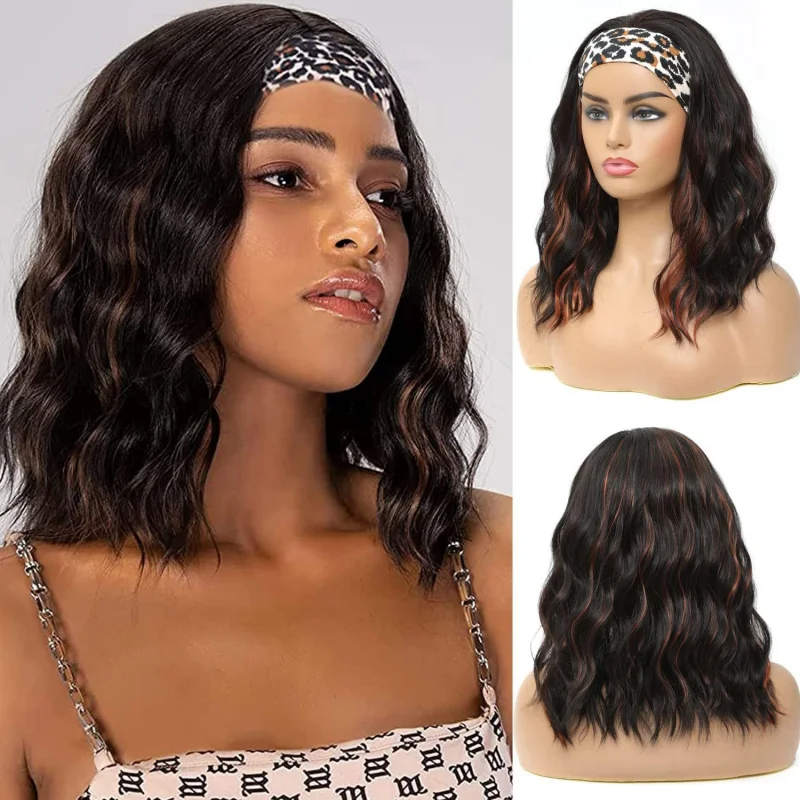 

Women's ice silk headband wig with curly hair, synthetic fiber headpiece