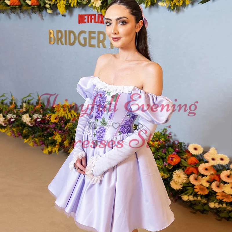 Thinyfull Sexy Prom Dresses Off The Shoulder Long Sleeve Lace Short Evening Dress Simple Cocktail Party Prom Gowns Custom Size