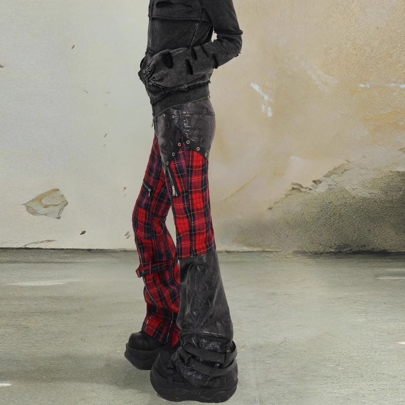 Punk Street Leather Black Red Plaid Street Slim Fashion Trousers Spring Autumn Personalized Girl Versatile High Waist Trouserses