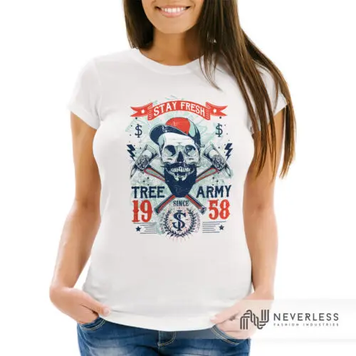 Damen T-Shirt Hipster modern Lumberjack Stay fresh Skull Totenkopf Neverless®