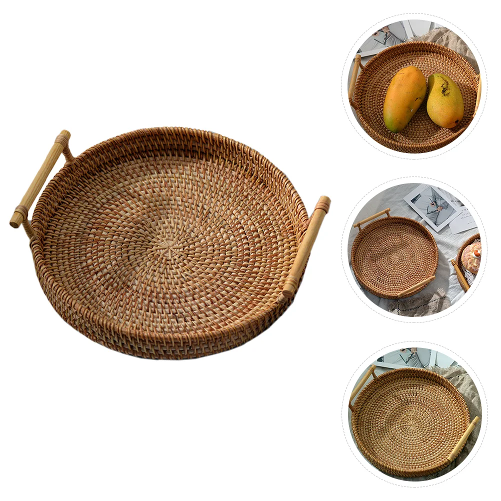 Woven Basket Dim Sum Fruit Plate Hand Made Rattan Footstool Storage Brown Home Serving Snack