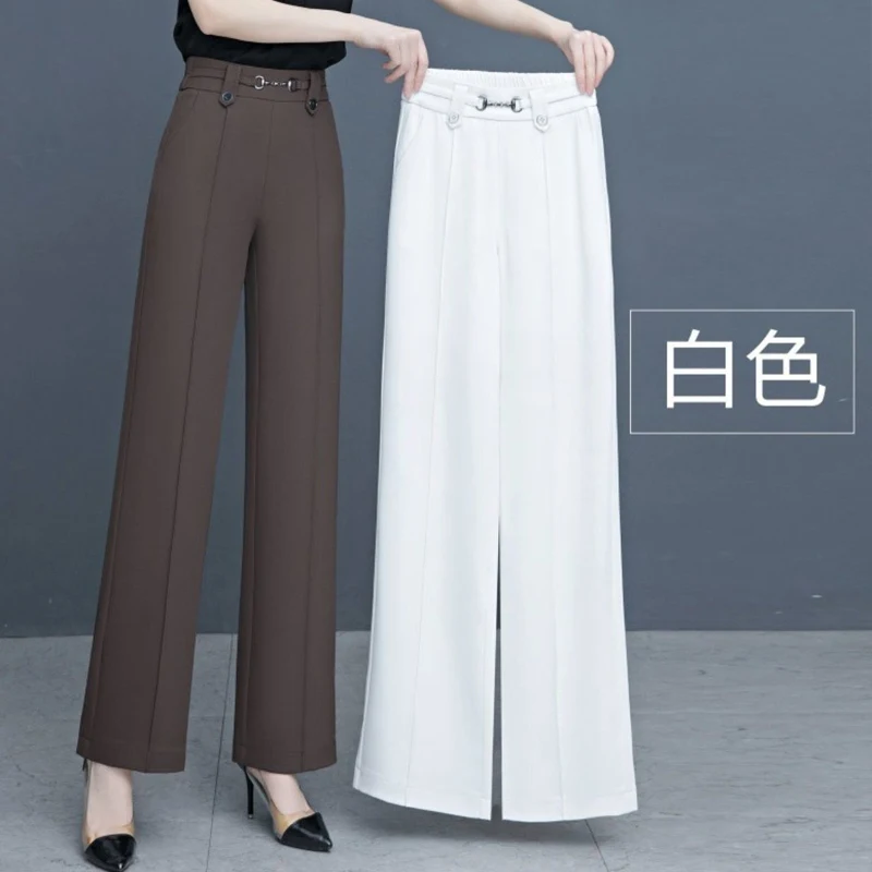 

Summer New Thin Elastic Waist Fashion Solid Color Straight Pants Women High Waist Pockets Patchwork Button High Street Trousers