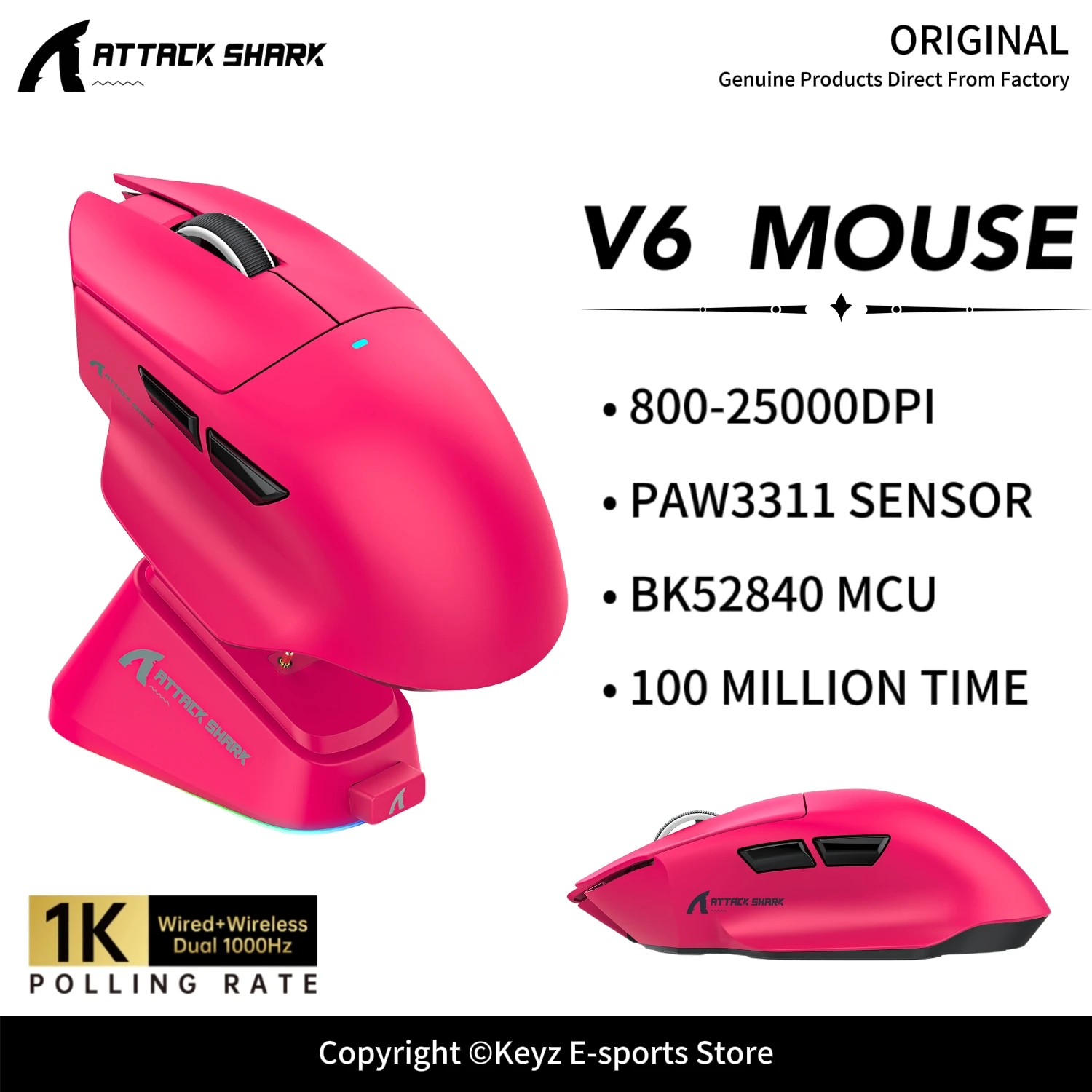 ATTACK SHARK V6 Wireless Gaming Mouse PAW3311 Sensor 25000DPI Omron 100M Switch Tri-Mode RGB Magnetic Dock Ultralight Mouse