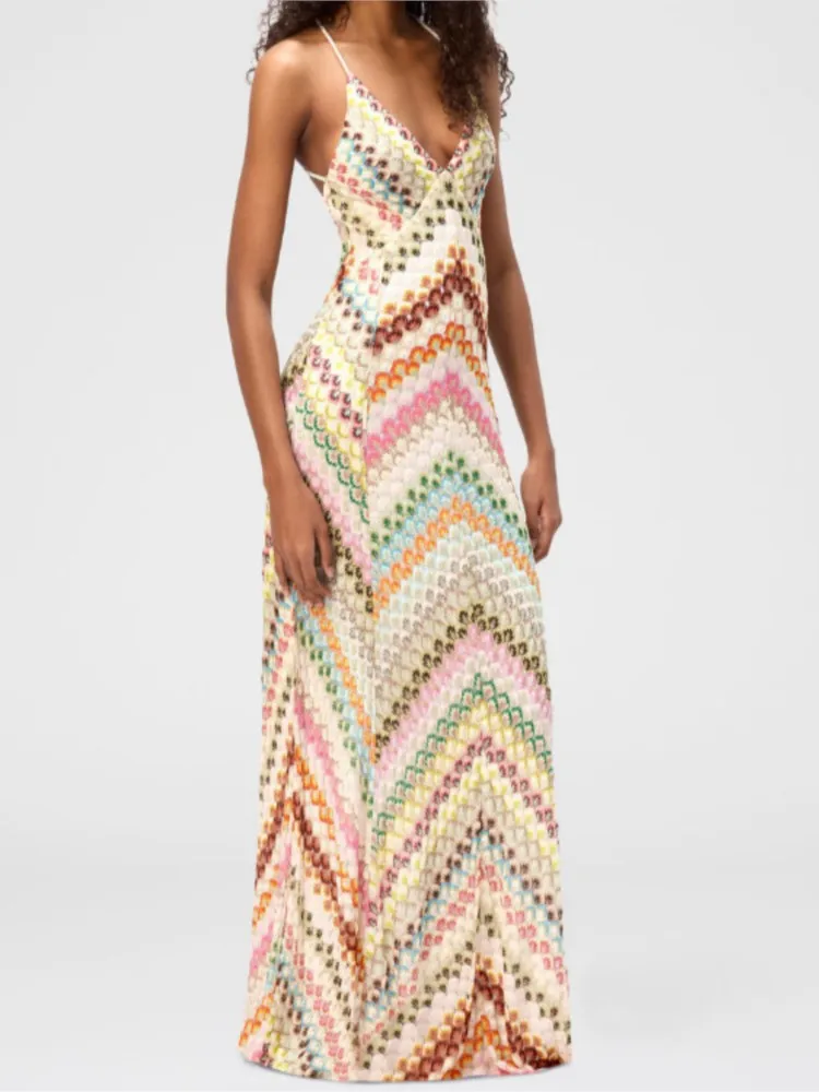 

Bohemian Fashion Color Blocked Long Dress Woman Sexy Deep V-neck Backless Knitting Dresses Ladies Foreign Style Party Vestidos