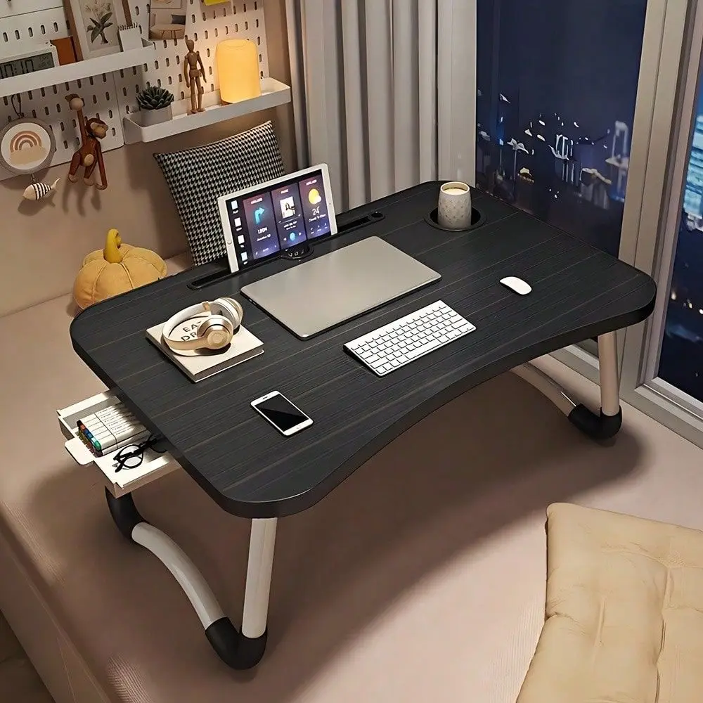 Laptop Bed Table, Multifunctional Lap Desk With Cup Holder, Tablet Card Slot, Phone Holder Storage Drawer, Portable Stable Bed