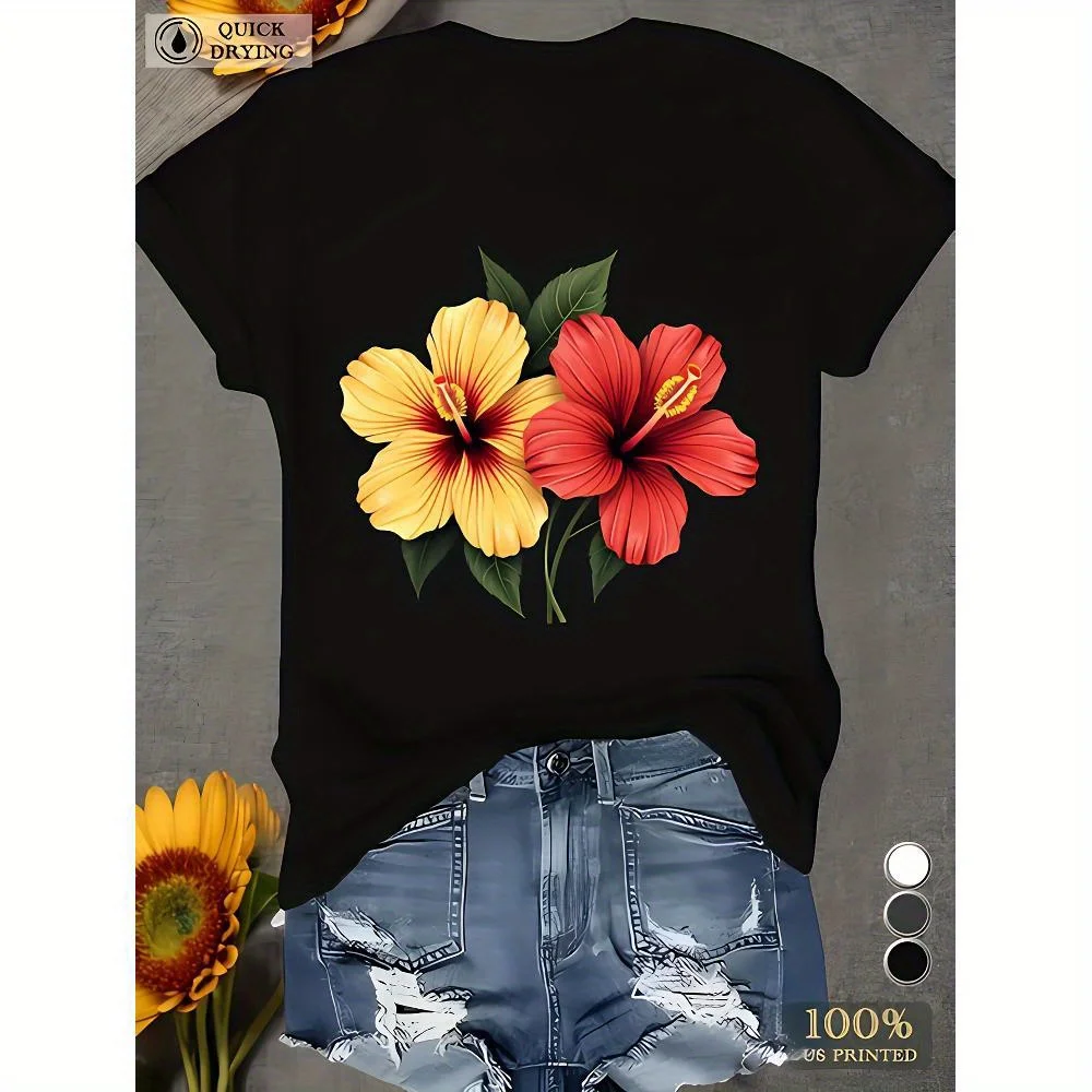 เสื้อยืดแขนสั้นคอกลมแห้งเร็วพิมพ์ลายดอกไม้สีสันสดใส - ดีไซน์พิมพ์ลาย 100% สำหรับชุดลำลองสตรี