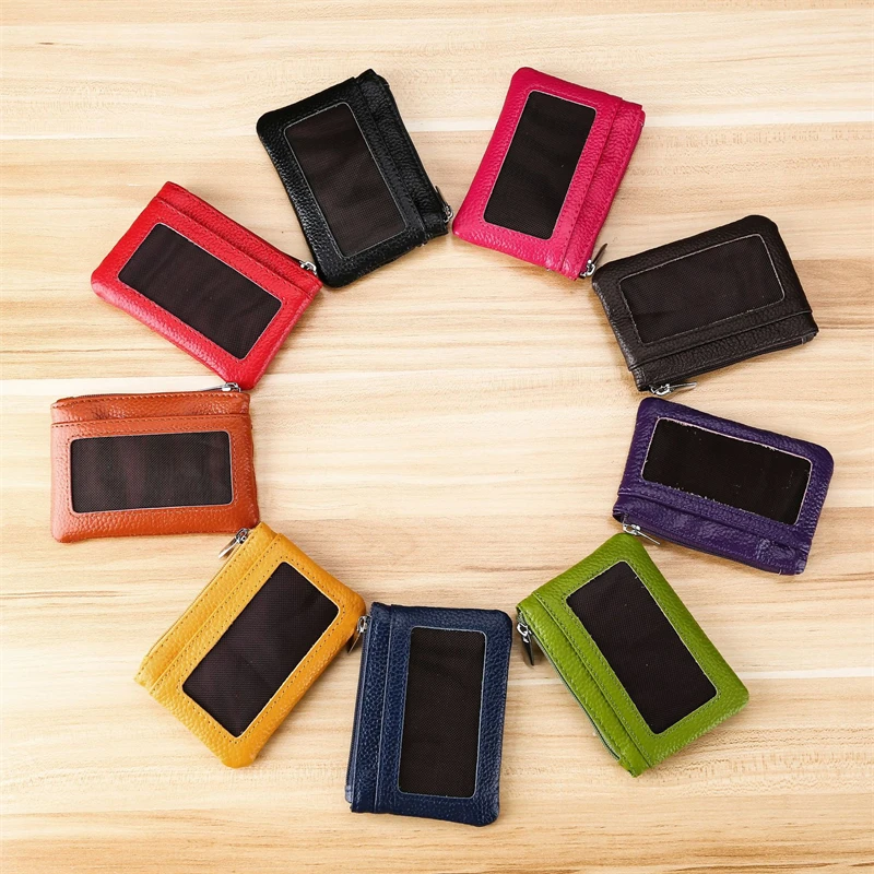 Cowhide Fabric Mini Wallet Vintage Short Lady Small Card Holder with Key Ring Coin Women's Purse Money Clip for Man Zipper Bag