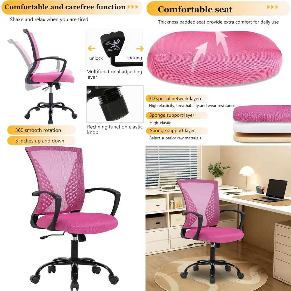 

Ergonomic Swivel Desk Chair with Adjustable Lumbar Support, Armrests, and Mesh Back for Women and Adults in Peach Pink