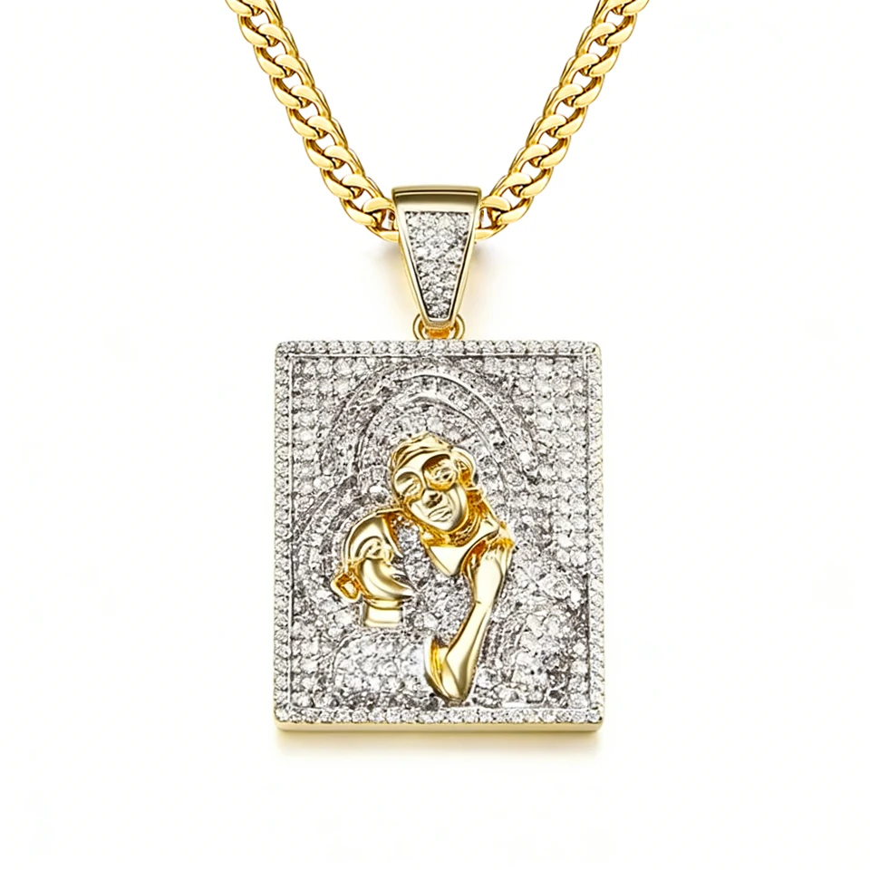 

Кулон VANAXIN в стиле панк с мамой и ребенком, украшенный фианитом класса ААА, ожерелье для мужчин в стиле хип-хоп серебряного цвета, ювелирные изделия