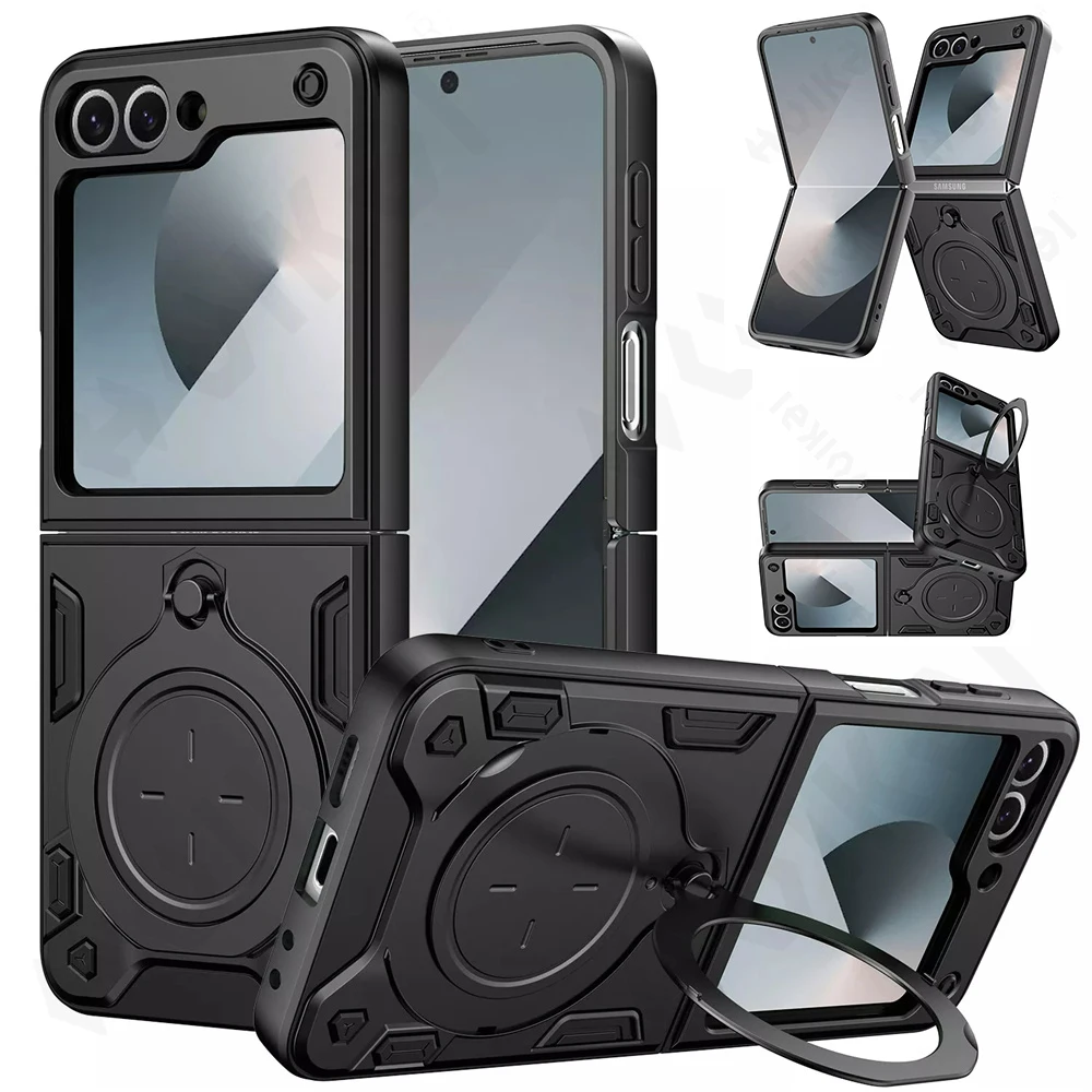 Case For Samsung Galaxy Z Flip 6 5 4 4G 5G Slide Kickstand Full Shockproof Magnetic Rotat Camera Slide Protector Ring Cover