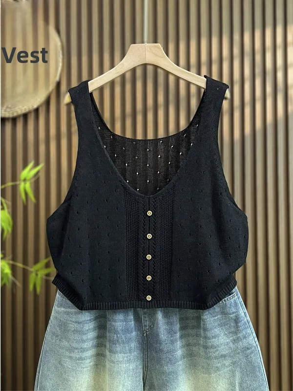 Slimming V-Neck Sleeveless Knitted Vest Top Women's Fashion Summer New Style Hollow out Design All-Match Euro Style Girl's Vest