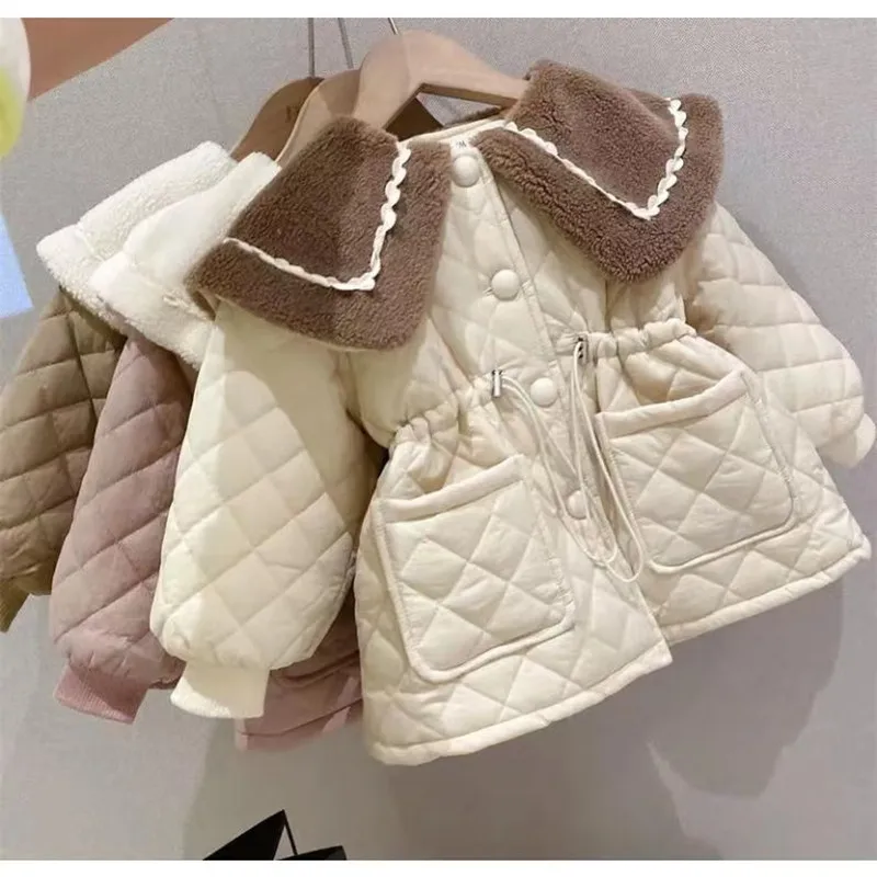 Girls Winter Long Coats Big Fur Collar Cotton Padded Velvet Thick Warm Overcoats Kids Children Birthday Princess Coat Clothes