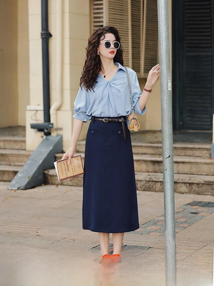 

Mint Salt Retro Pure Color High Waist A-Line Skirt Women's Mid-Length New 2024 Chén Jiā Jie Commuter Sle Button ket