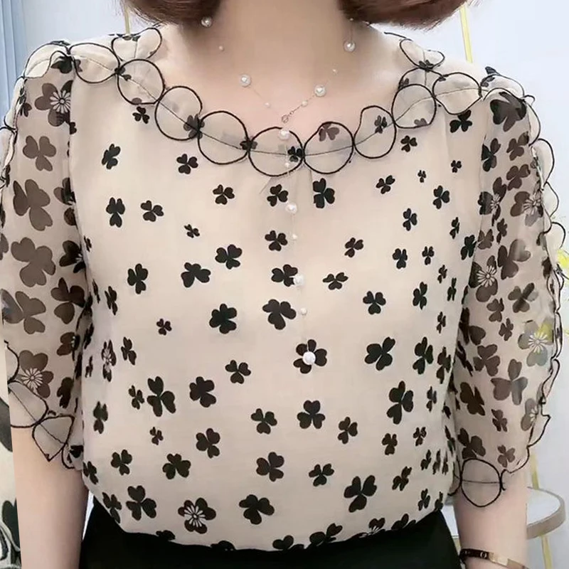 Summer Elegant Office Lady Top Artistic Chinese Style Chic Round Collar Batwing Sleeve Loose Casual Printed Floral Blouse Women