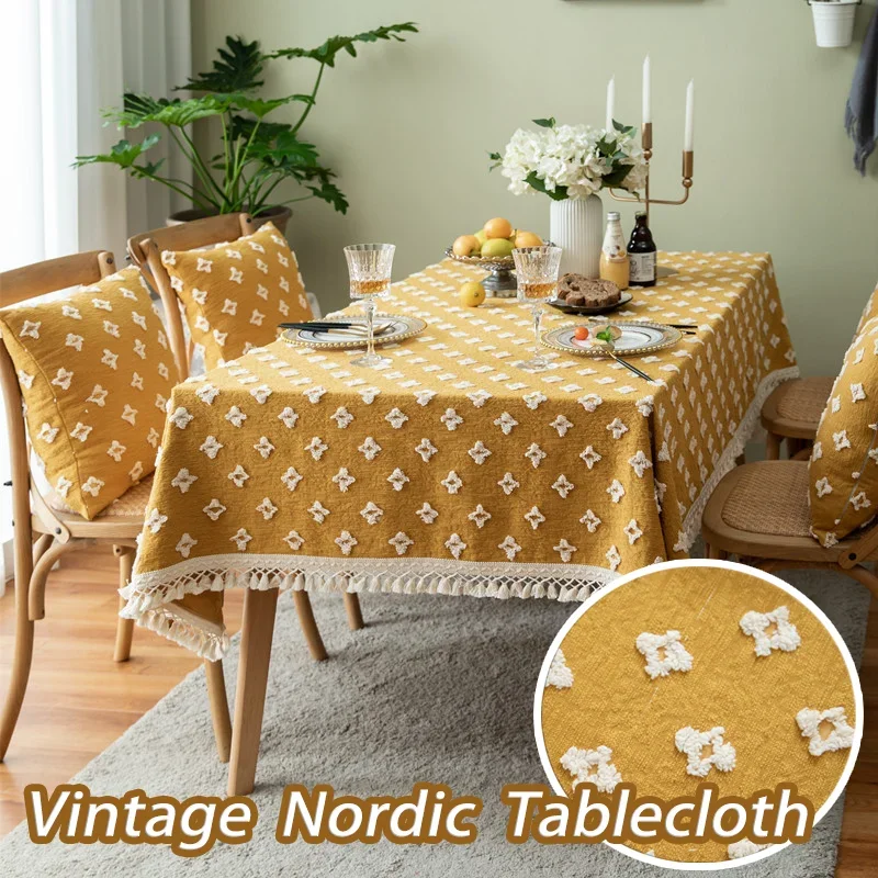 Vintage Nordic Rectangular Tablecloth Three-Dimensional Cut Flowers Cross Tassel Tablecloth Coffee Tablecloths Home Decoration