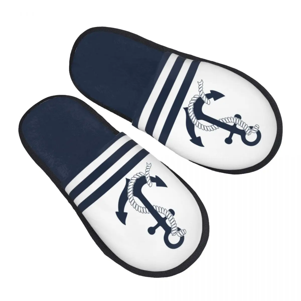 Custom Nautical Blue Anchors With Stripes Soft Memory Foam House Slippers Women Sailing Sailor Comfy Warm Anti-Skid Slipper