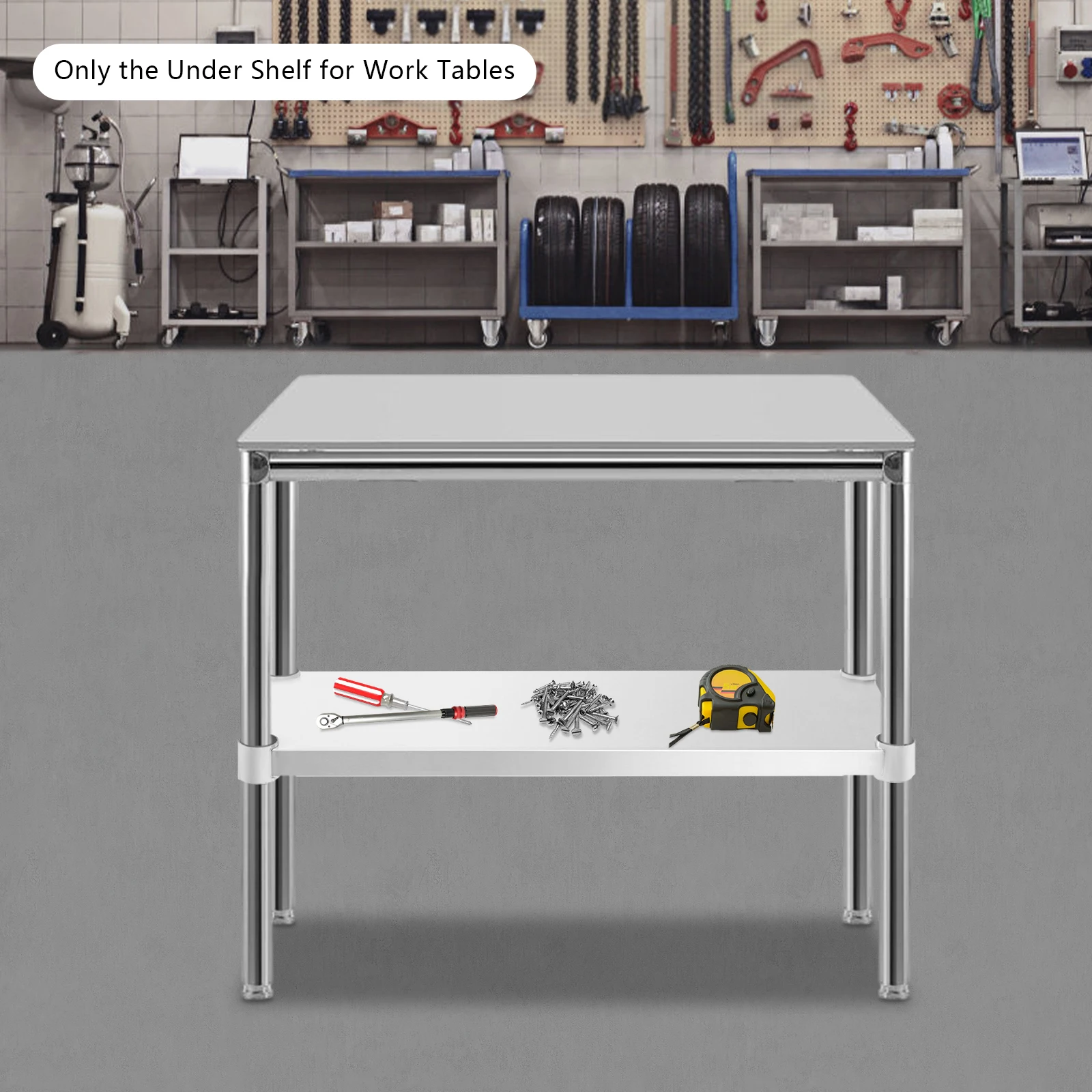Adjustable Stainless Steel Undershelf for Workbenches & Utility Tables, 27.87x9.76in Lower Storage Shelf, 100kg/220 lbs Max Load