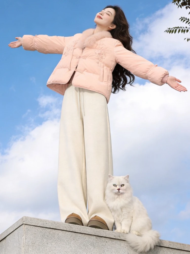 

Ele New Chinese Sle Embroidered Cotton Jaet Women's Winter Coat with Fur Collar And Button Closure Korean Loose Fit