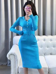 Autumn Pink Wrap Hip V Neck Long Sleeve Knitted Dress Women Sashes Slim High Waist Sexy All-match Vestido Mujer Feminino Solid