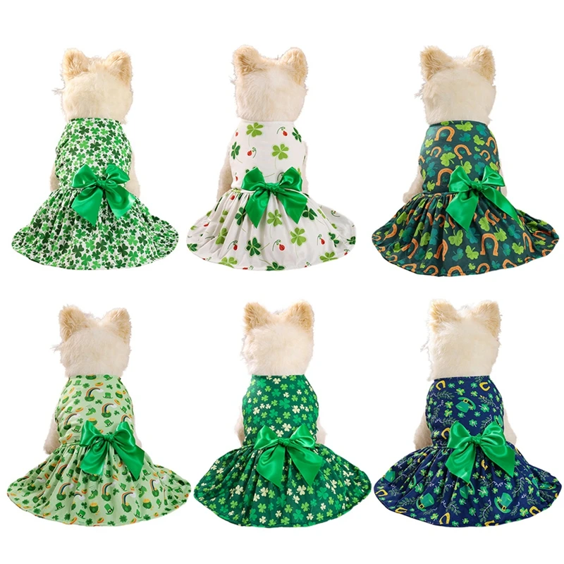 Green Clover Puppy Dog Dress St Patrick Day Pet Dog Tulle Skirt with Bowtie Lucky Clover Holiday Dresses for Small Dogs Cats