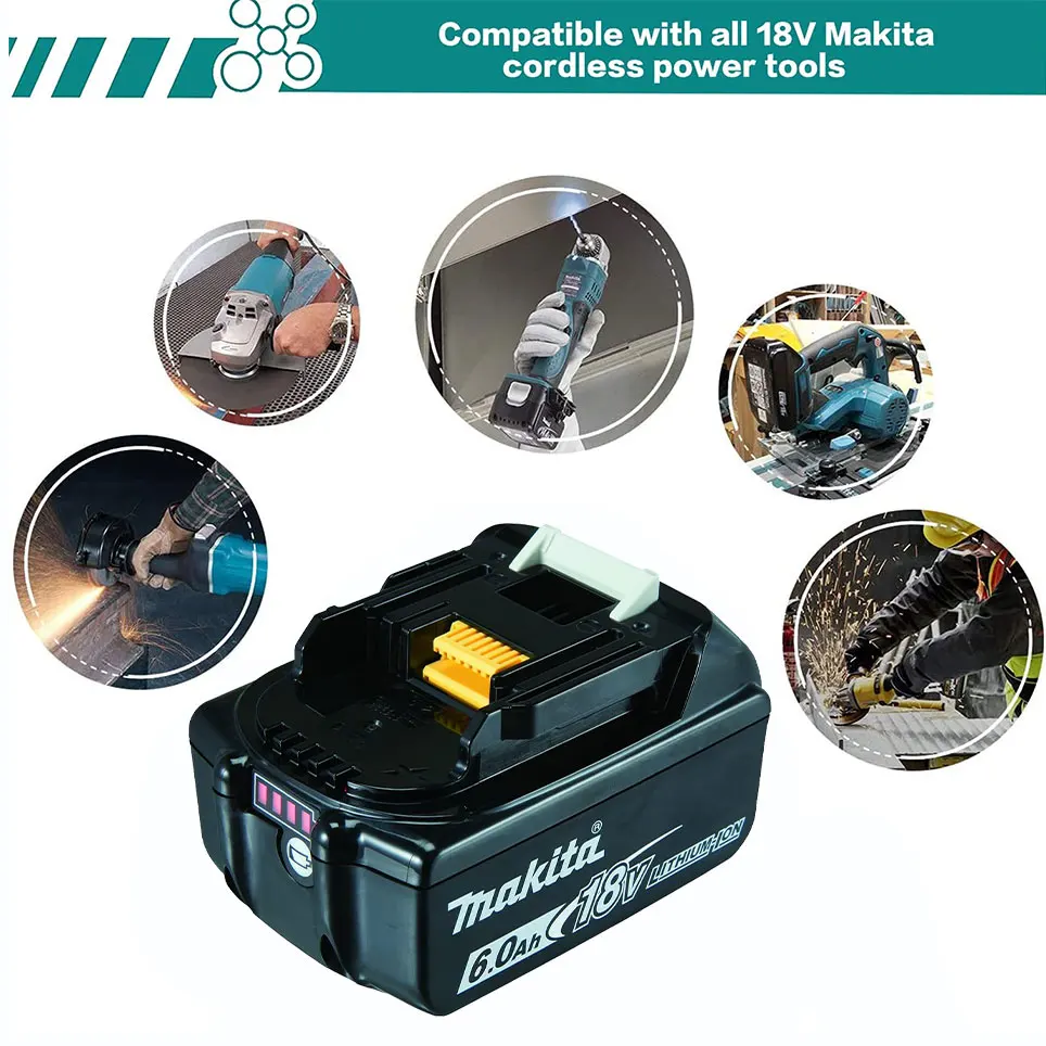 Makita-Original Lithium Ion bateria de substituição com LED, 18V, 6.0Ah, LXT, BL1860B, BL1860, BL1850, ferramenta elétrica recarregável, 6000