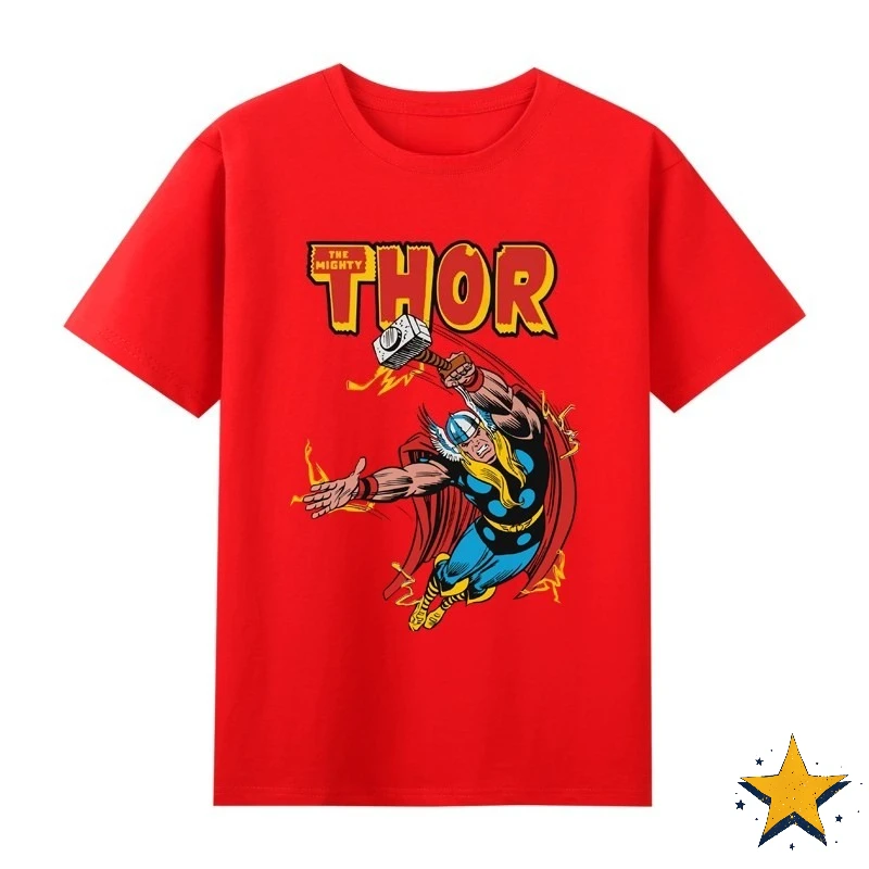 تي شيرت Retro Marvel Avengers Thor مطبوع من القطن بأكمام قصيرة للرجال على طراز الشارع العصري