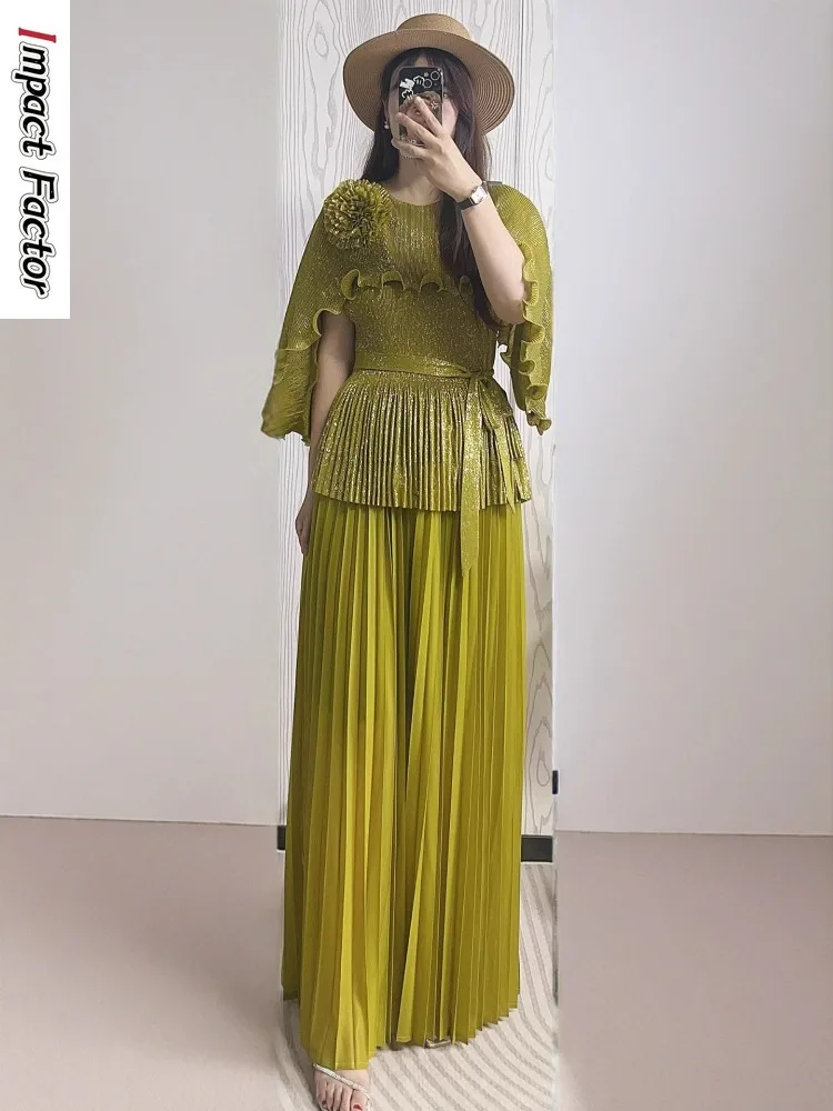 2025 African Miyake Pleated Printing Bronzing Set Irregular Top + Skirt Two-piece Set Loose Women's Clothing