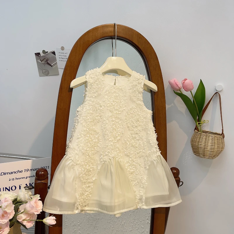 Girls\' Sleeveless Dress Girls\' Summer New Fashion Lace with Bows Solid Color Mesh Dress Ropa De Niña Girls Clothes
