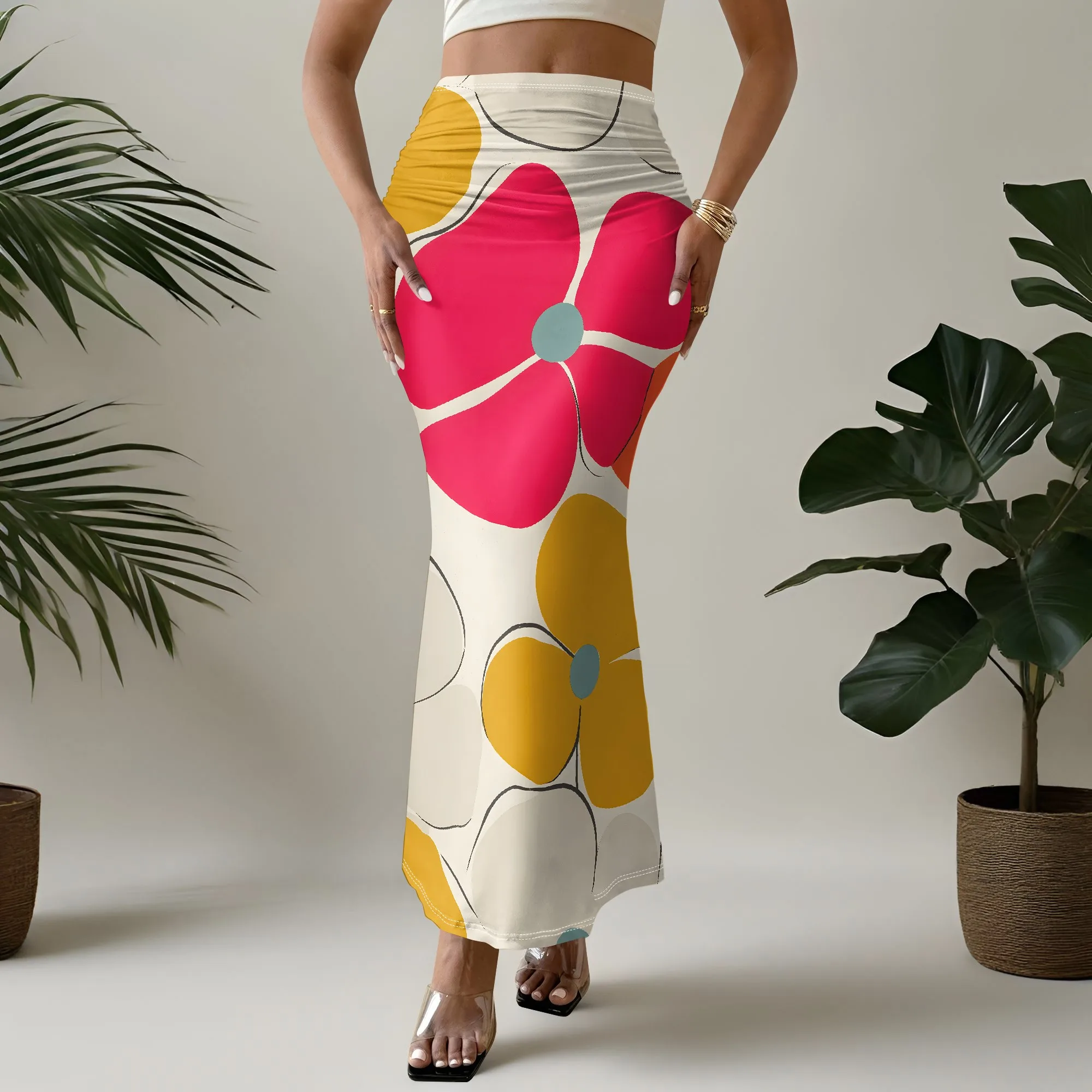 Floral Mermaid Skirt, Pink Yellow Flower Print, High Waist Ruffle Hem, Boho Beach Summer Wear for Women, S-2XL