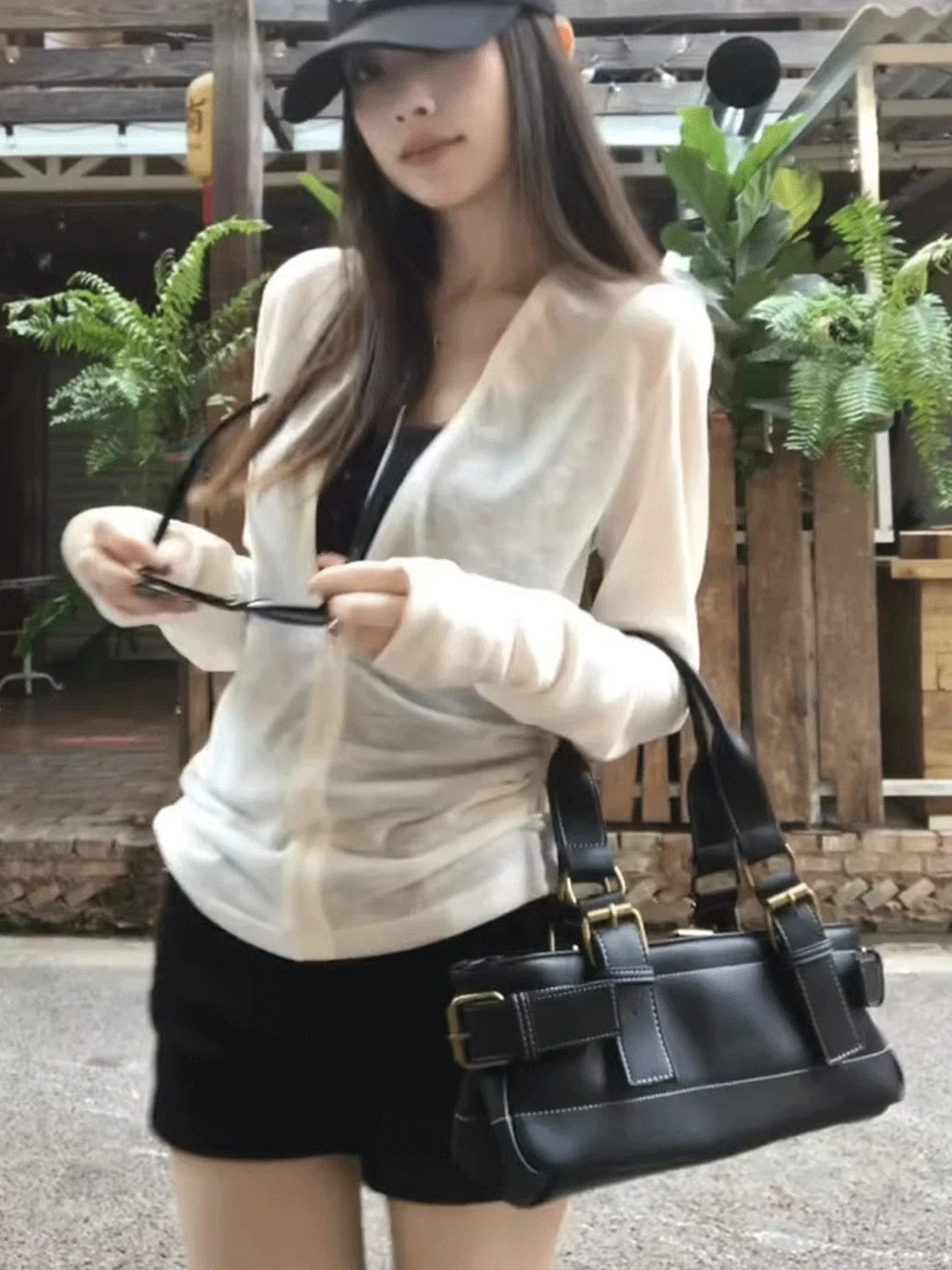 

Women's Casual Black Strap Vest Set Inner Wear Sunscreen Cover up Spring Autumn Fashion Two-Piece Suit High Waist Straight Cut