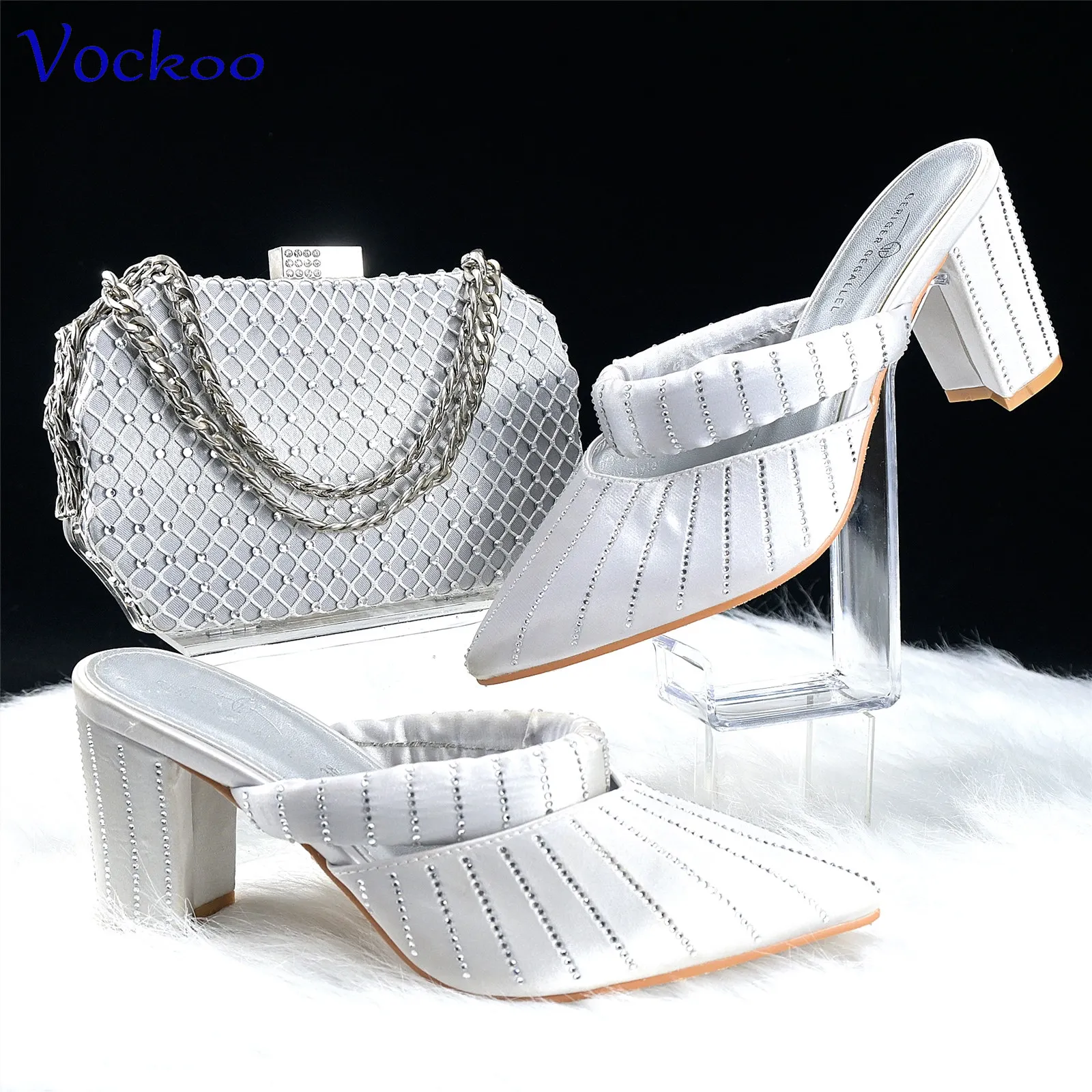 

Silver Color Super High Heels Comfortable Pointed Toe Italian Women Shoes Matching Bag Sexy Style Square Heels for Garden Party