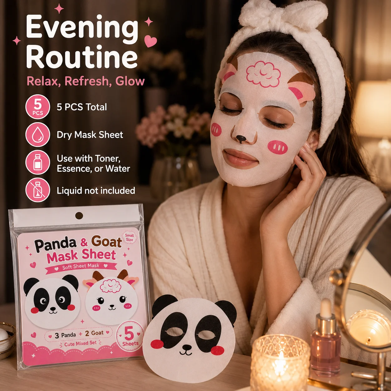 판다와 염소 디자인의 드라이 페이스 마스크 시트 5개, - Sheet Face Mask Pack 리뷰 및 가격