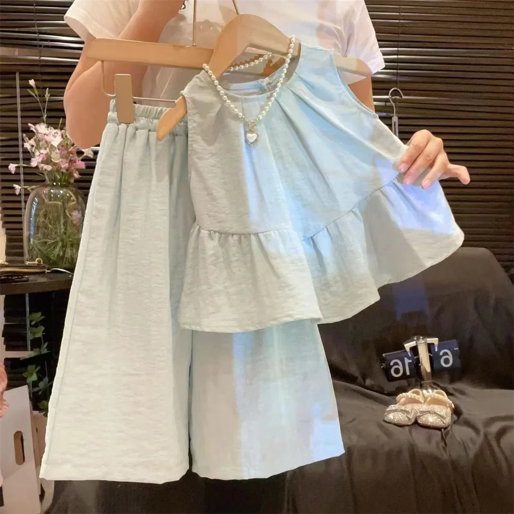

Childrens Sets New Two Pieces Korean Clothing Summer New Soft Cowboy Short Sleeved Tops Wide Leg Pants 2025 Pleated