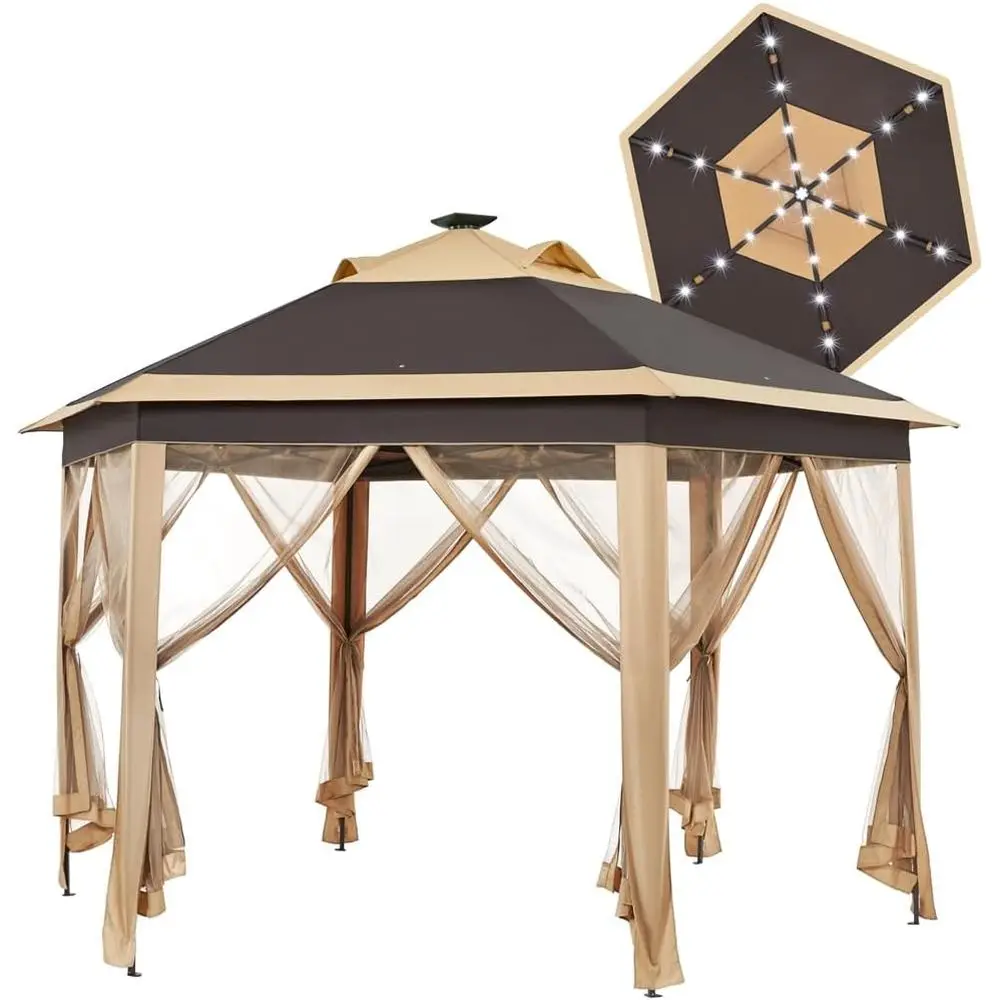 Hexagonal 13x13 Gazebo Tent with Mesh Sides and 25 LED Lights, Adjustable Height, Ideal for Backyard, Garden, Lawn in Khaki & Br