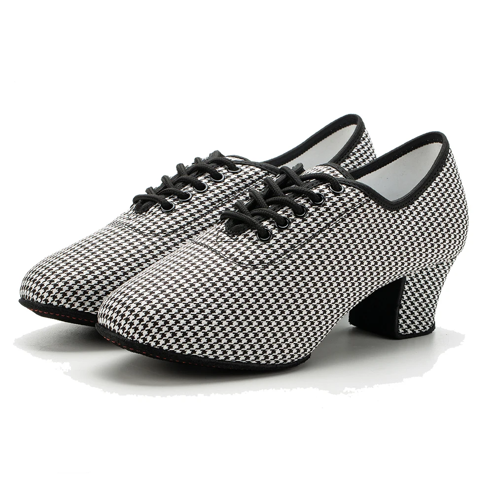 Women  Latin Ballroom Dance Shoes Medium High Heel Soft Sole Breathable Oxford Cloth Houndstooth Dance Shoes