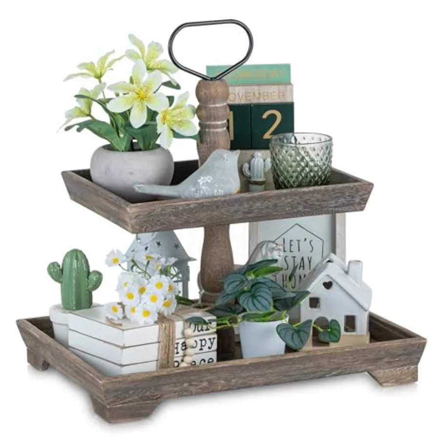

2-Tier Rectangular Wood Serving Tray for Coffee Bar Centerpiece Rustic Brown Farmhouse Kitchen Counter Decorative Display Stand