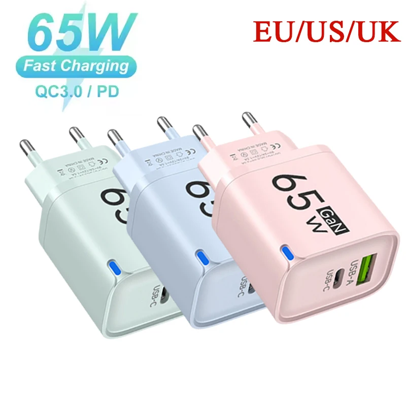 65W GaN USB Charger Type C Fast Charging Mobile Phone Travel Adapter USB Quick Charge3.0 For iPhone Samsung Xiaomi EU/US/UK Plug