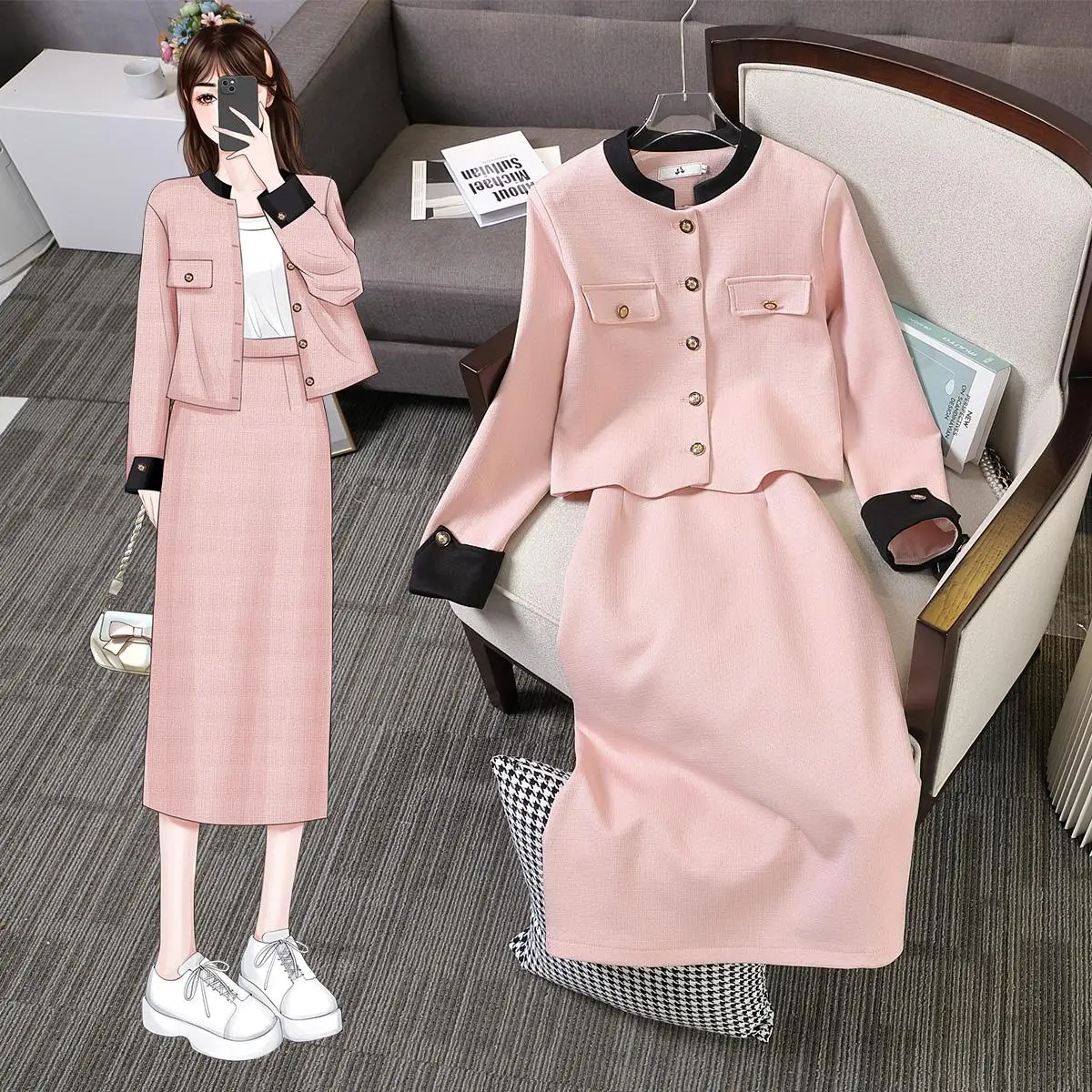 Women Elegant Vintage Fragrant Pink Suit Jacket Coat Top And Skirt Two Piece Set Matching Outfit Ladies Party Clothing 2023