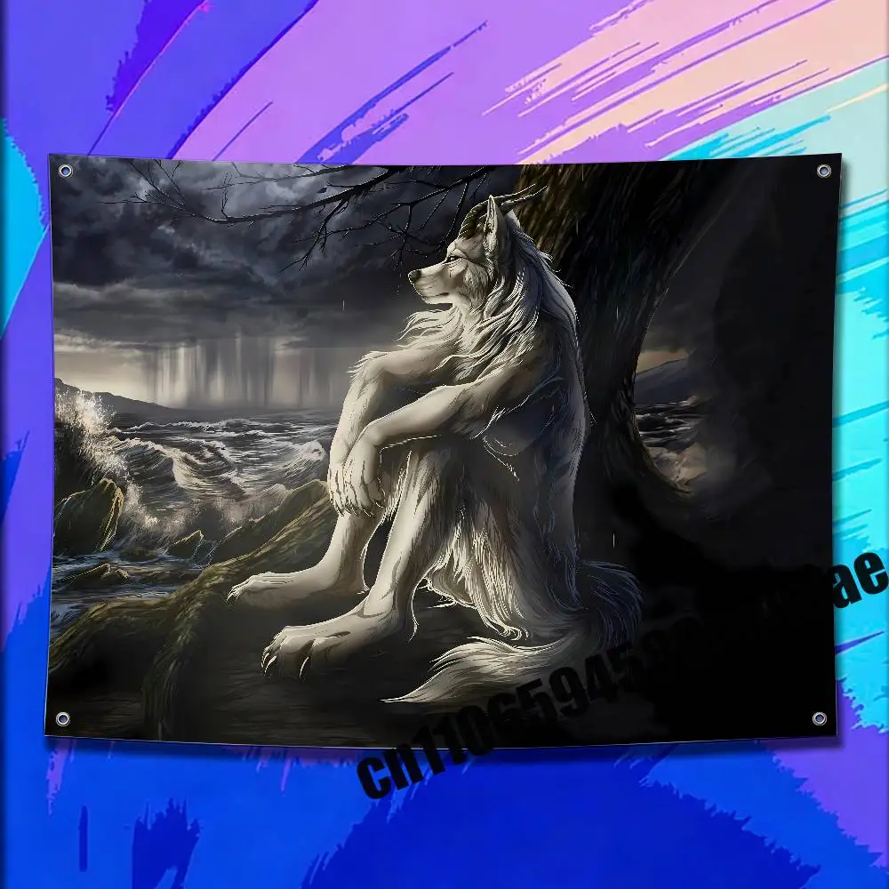 

For Emo White Wolf Sitting Meme Flag 50*70cm 60*90cm 80*120cm 100*150cm 150*200cm Camp Wall Banner Tapestry Cover