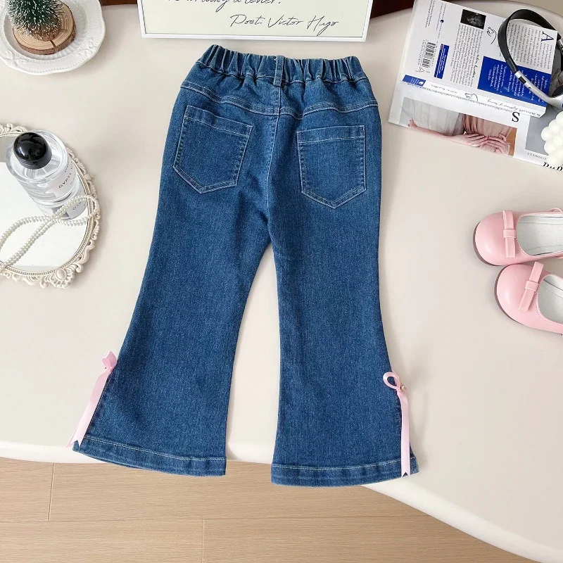 2024 Fall New Girls Micro Elastic Jeans Flare Jeans for  Girls with Bow Embellished Jeans  Girl Pants for 2-7yrs