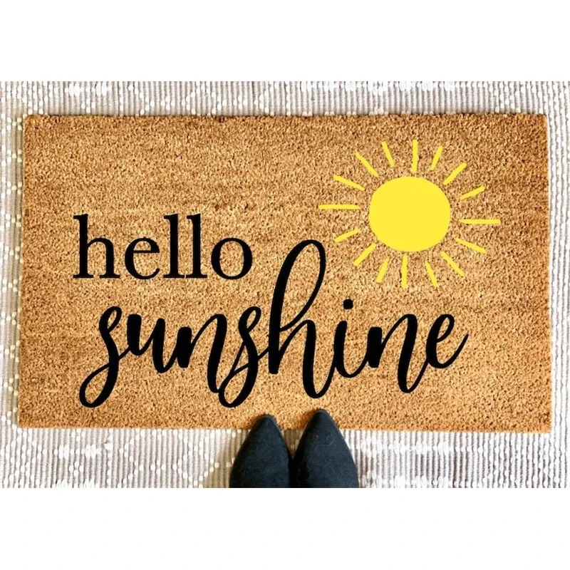 Hello Sunshine Lettering Entrance Mat  Colorful Text Sun Graphic Decor Rug Cheerful Positive Themed Home Accessory for Front
